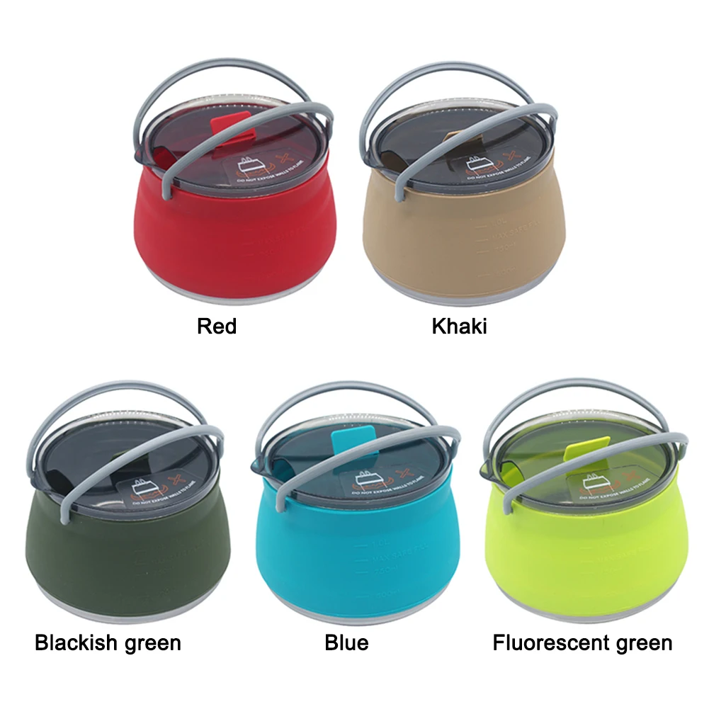 1L Outdoor Silicone Kettle BPA-Free Camping Kettle Foldable Water Pot Stainless Steel Bottom Excellent Gift for Hiking