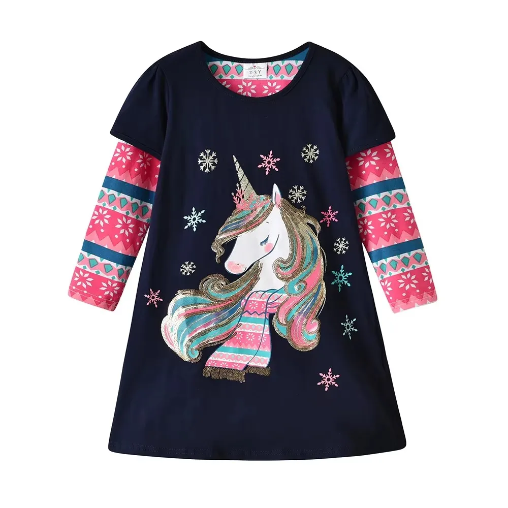 VIKITA Toddlers Navy Blue Long Sleeve Unicorn Dress Kids Glitter Snowflake Print Christmas Party Xmas Holiday T Shirt Dresses