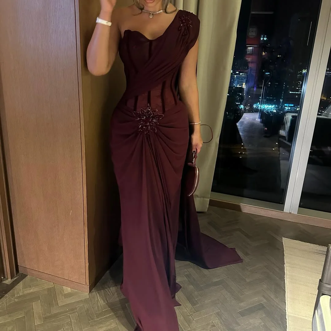 Burgundy Beaded Prom Dresses Saudi Arabia Evening Dress One Shoulder Sequins Women Formal Request Wedding Dress Customized
