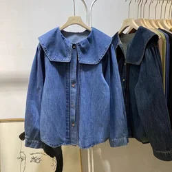 SuperAen Autumn Doll Collar Pleated Denim Long Sleeved Women's Shirt 2023 Korean Style Loose Vintage Top Shirt