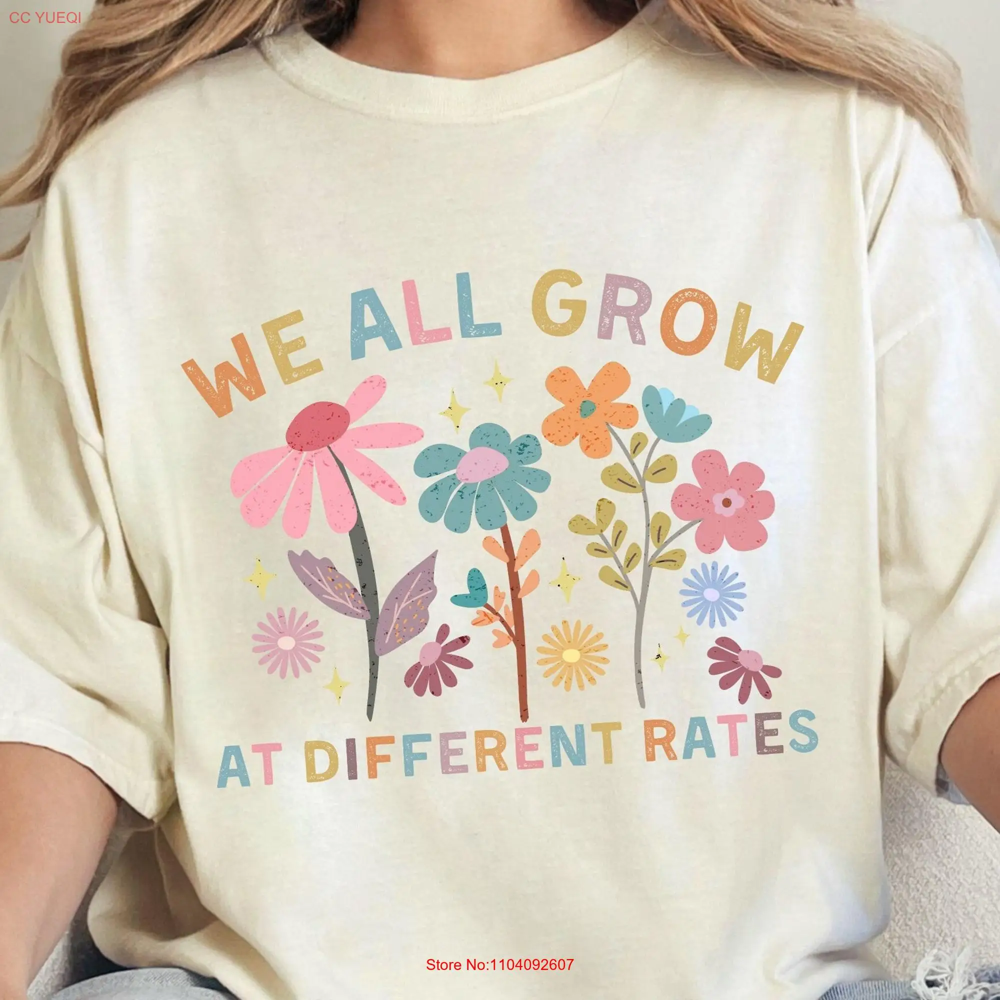 We All Grow At Different Rates T Shirt Spring Teacher Comfort Colors for Women Daycare Kindergarten Wildflower