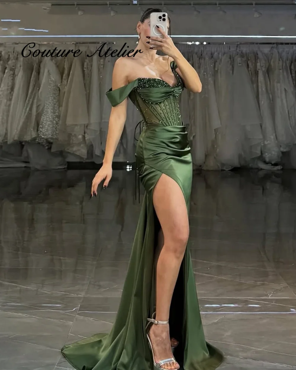

Green Mermaid Prom Dresses Split Pleat Diamonds Beaded Corset Vestidos De Festa Chapel Train Drop Shipping Customised