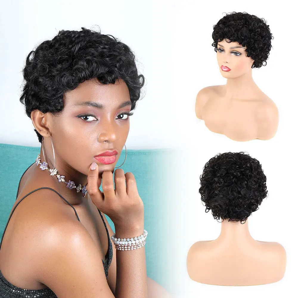 Curly Human Hair Wigs for Women Brazilian Human Hair Cheap Full Machine Wig Short Curly Bob Wig with Bangs Fashion Pixie Cut Wig