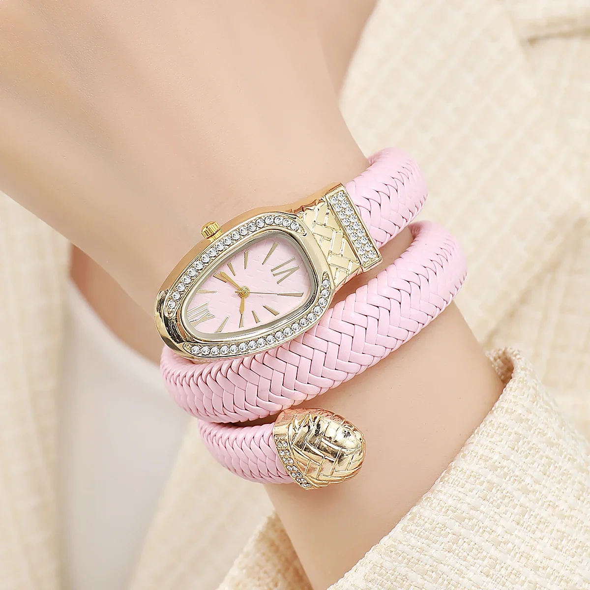 أزياء المرأة الأفعى شكل ساعات كوارتز نسج فاخر حجر الراين روما الهاتفي ساعة اليد الفتيات ساعة Reloj Mujer