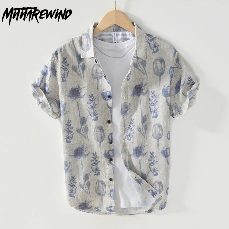 

Hawaiian Style Print Shirt for Men Short Sleeve Holiday Beach Causal Tops Summer New Pure Linen Breathable High Quality Clothing