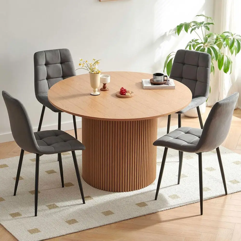 

47 Round Oak Breakfast Nook Table with 4 Grey Velvet Chairs Set