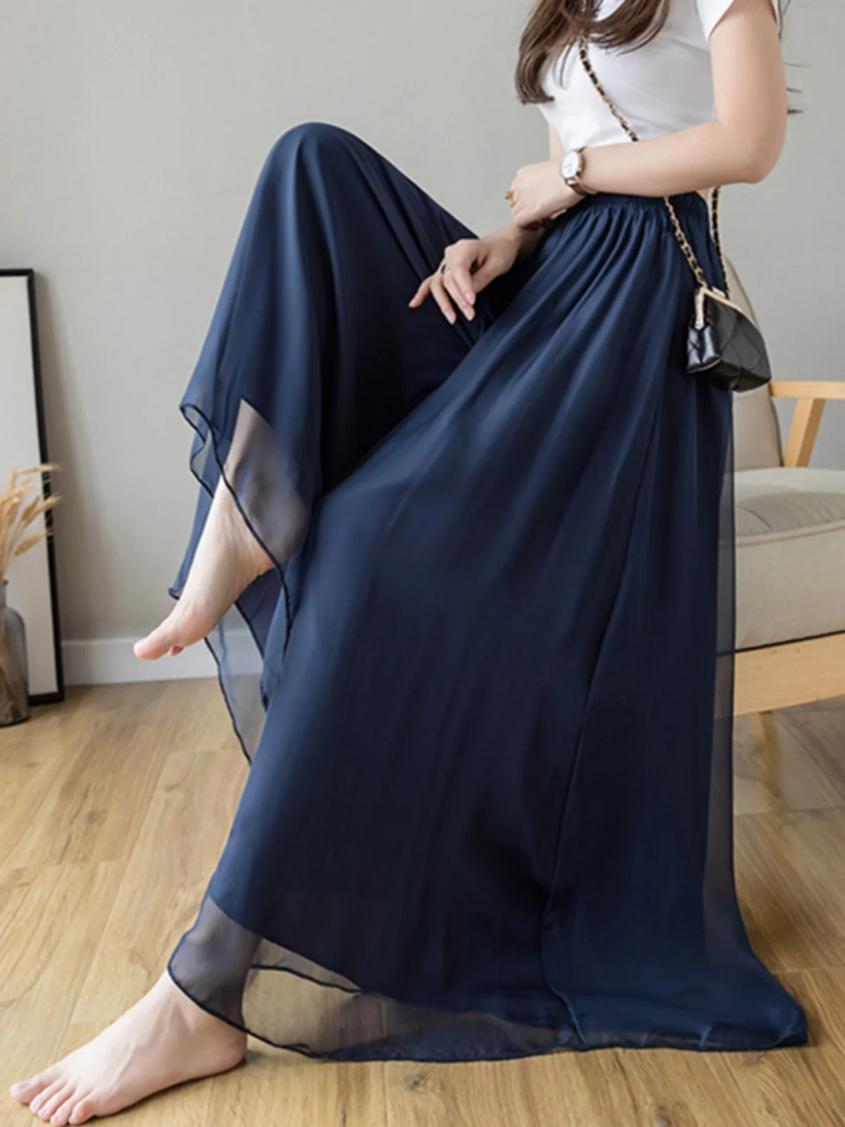 Elegant Wide Leg Pants for Women in Chiffon Material Loose Waist High Waist Thin Style Draped Feel Double Layer Skirt Pants