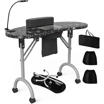 Maniküretisch, tragbarer Nageltisch, Schreibtisch mit LED-Nagellampe, elektrischer Staubsammler, Handgelenkauflage, feststellbare Räder, faltbar