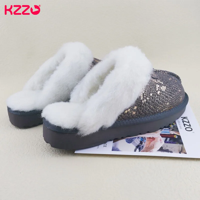 KZZO New Arrive Genuine Leather Slippers Fashion Female Winter Slippers Women Warm Indoor Slippers Soft Wool Lady Home Shoes