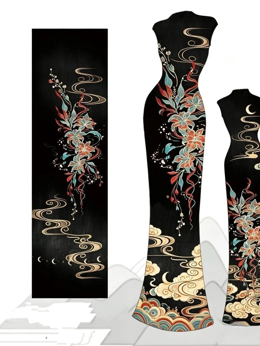 New Chinese Style Evening Gown Women's Sleeveless Tailored  Dress with Golden Clouds And Flowers for Summer Season