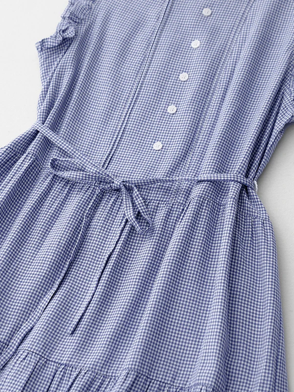 Retro japanische blaue karierte Weste Dr. Damen Sommer Design Sensation Taille Cinching Schlankheitsgurt lang Dr