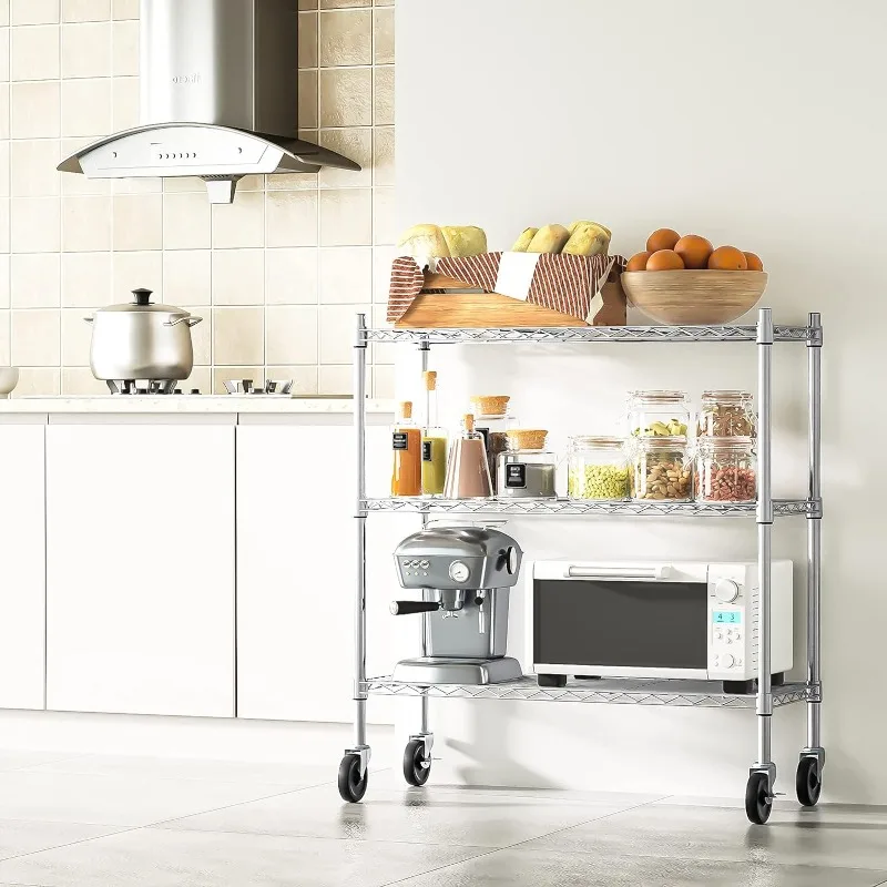 3-Shelf Storage Shelves with Casters Heavy Duty 3-Tier Rolling Cart Utility Racks Adjustable Wire Metal Storage