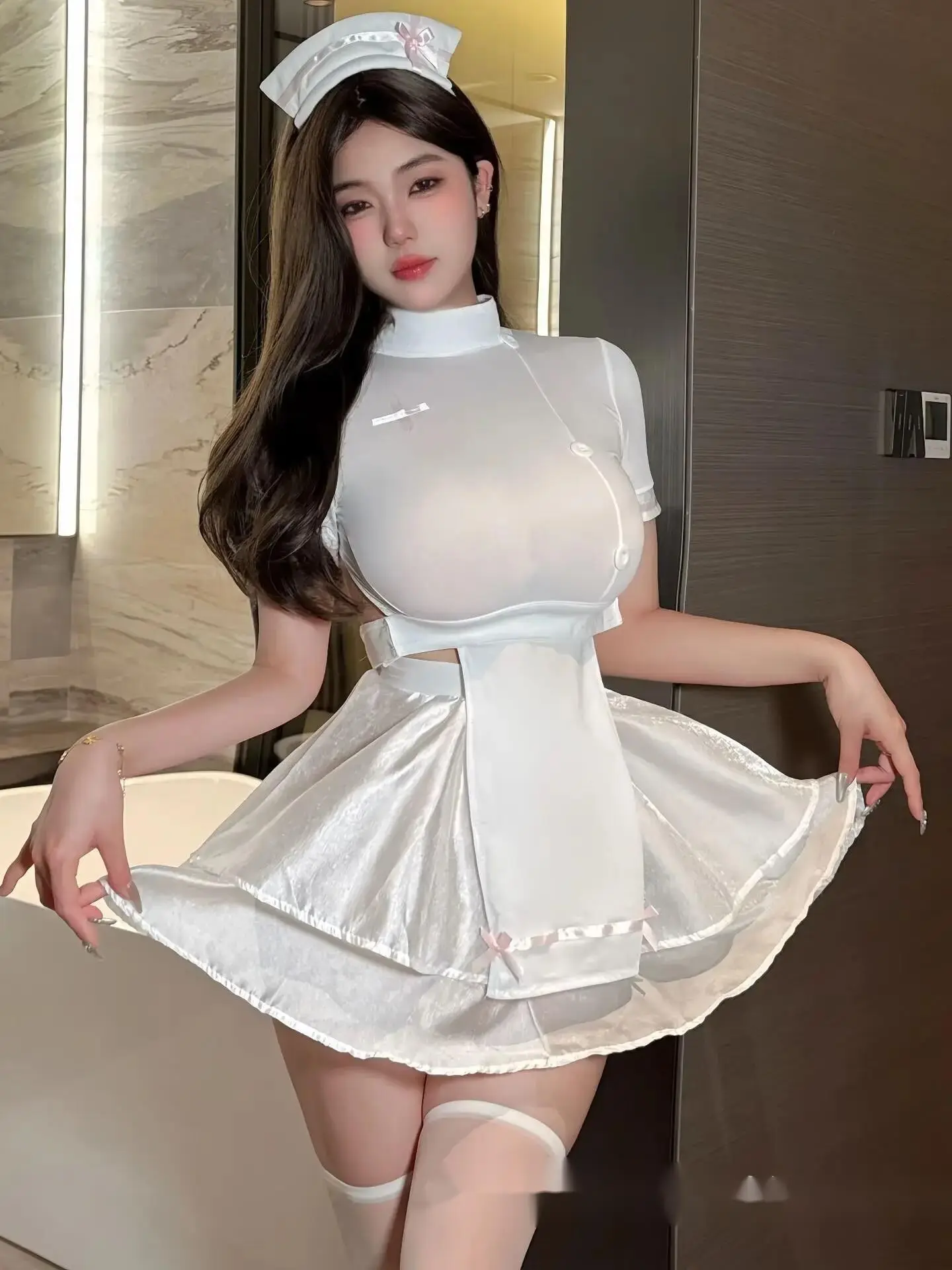 New Sweet Perspective Short Sleeve Tight Fitting Bilayer Lace Short Skirt Set Nurse Female Sexy Solid Color Trendy Clothes PLC4