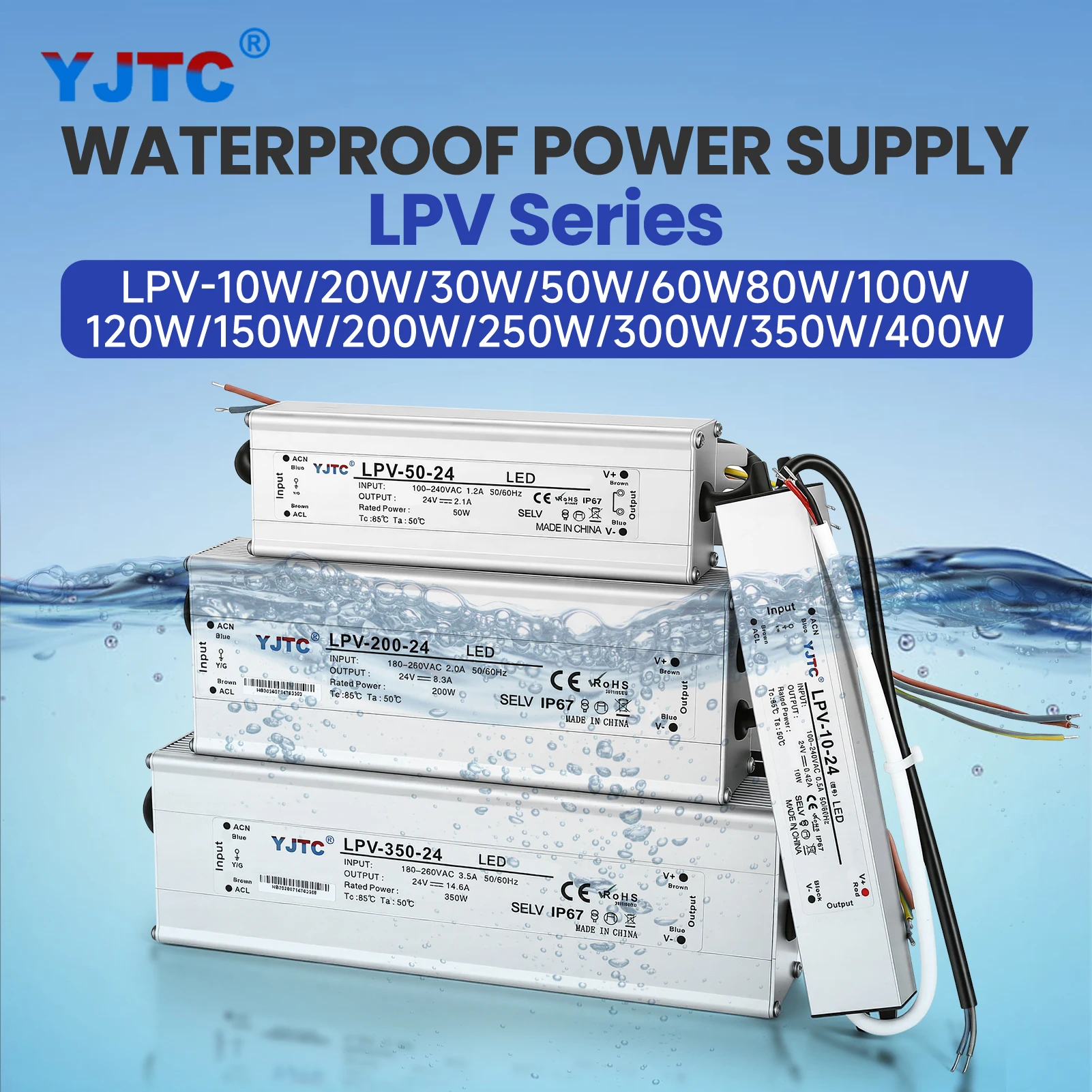 LPV 10W 30W 80W 100W 200W 300W 400W 12V/24V IP65 Waterproof Switching Power Supply DC/AC Bench/Laboratory Industrial Transformer