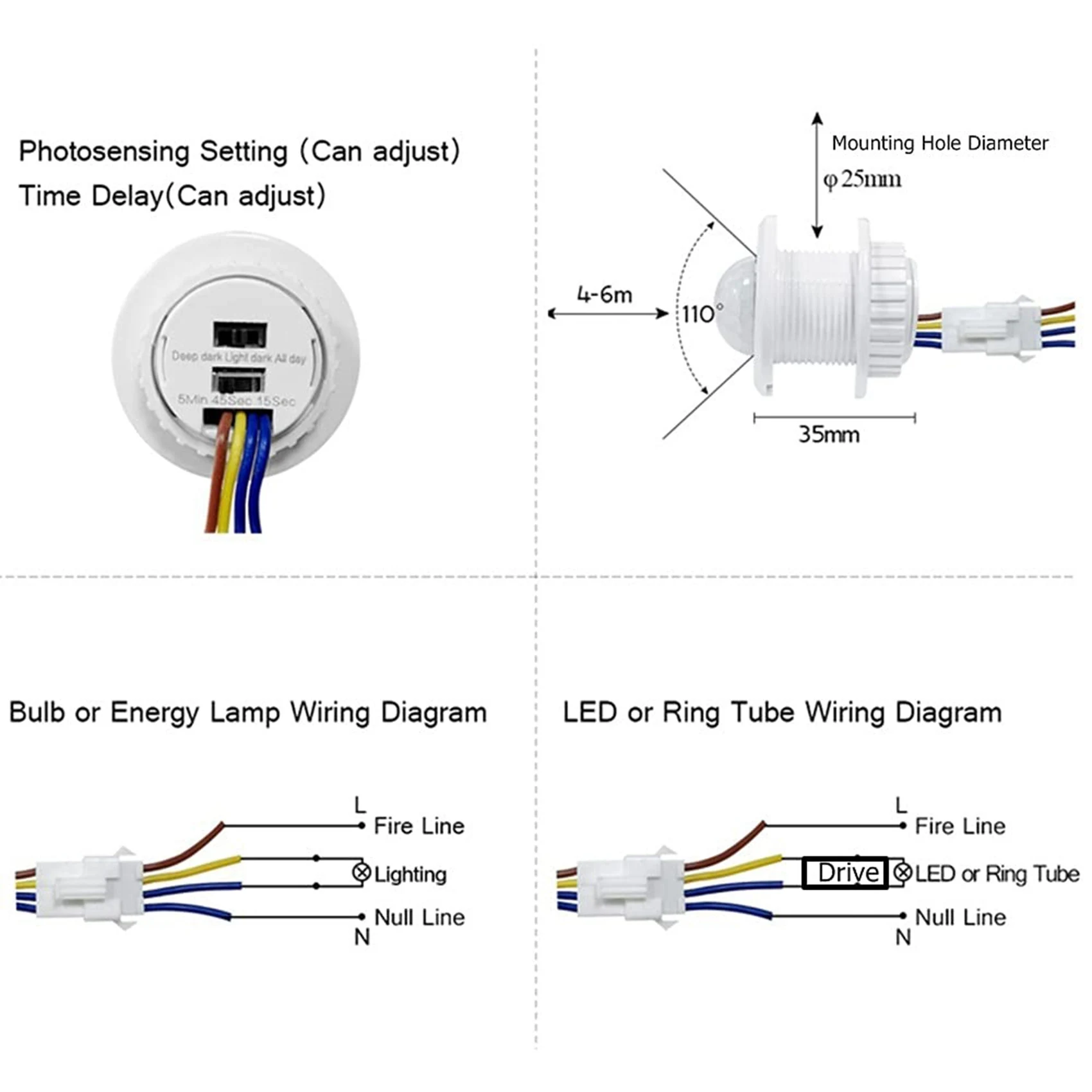 Mini Motion Sensor Light Switch, PIR Sensor, Smart Detection, Time Delay, Detector de Indução Infravermelho Ajustável, 110-220V