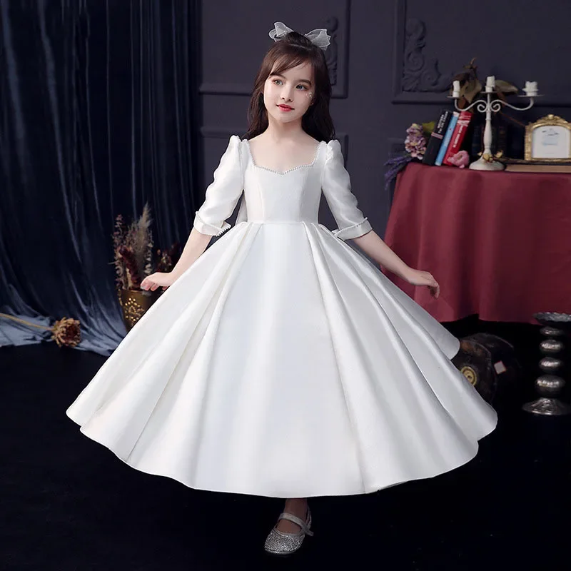 

Girls Very Elegant Party Gown Little Girls Long Tutu Princess White Dress Teen Girls School Graduation Prom Dresses Half Sleeve