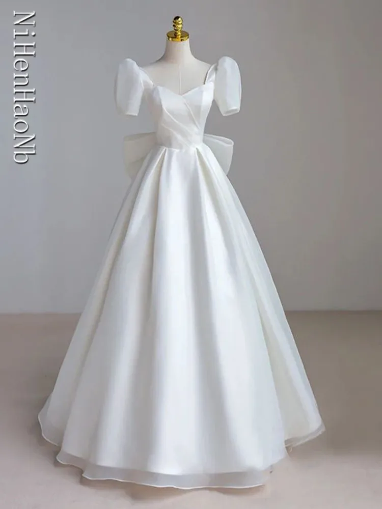 Robe de mariée Maxi blanche de luxe français pour la mariée, manches bouffantes minces, longue robe de soirée de Rh, élégante et sexy, 2023