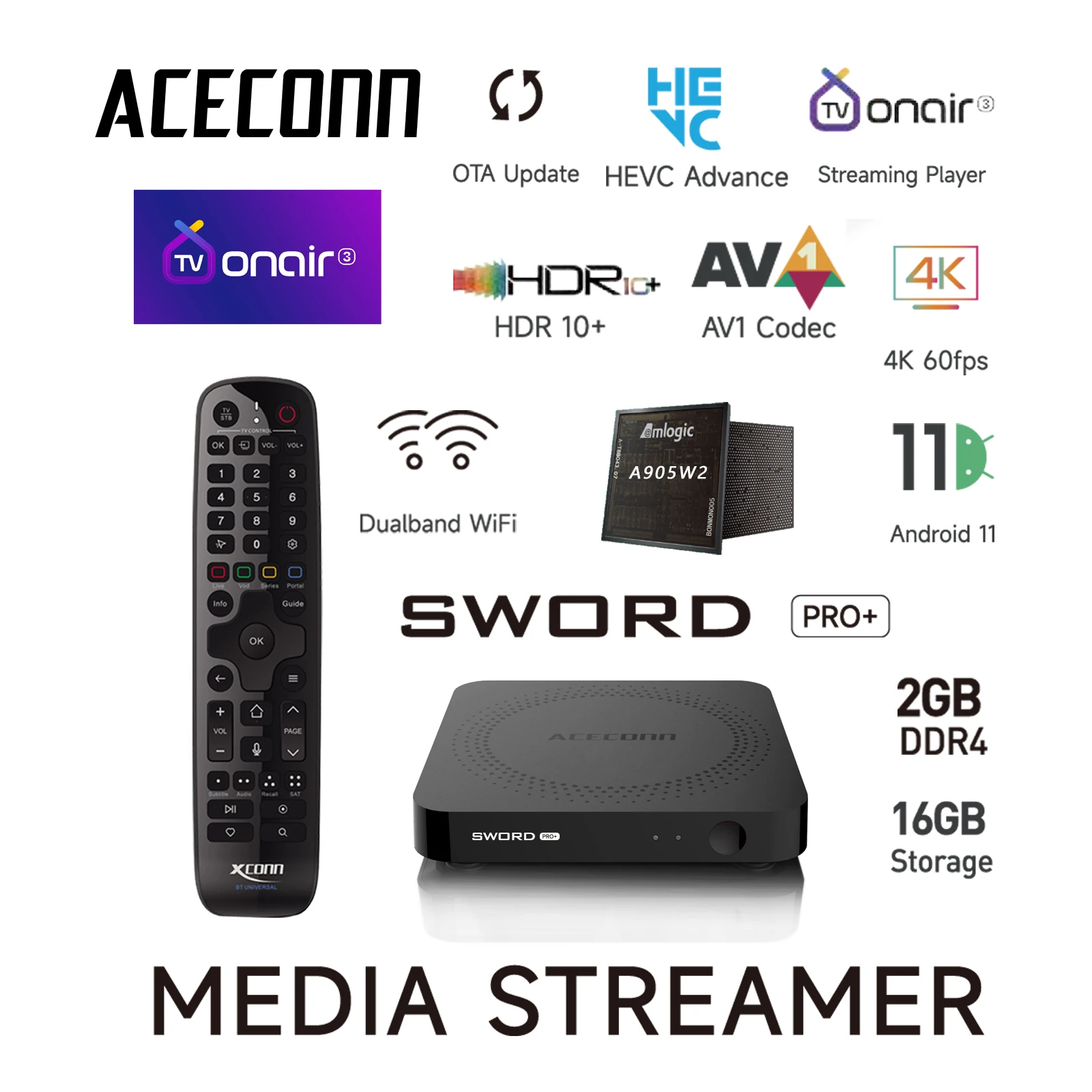 TV Box Sword pro TVONAIR3 para Streaming IPTV ACECONN 2G 16GB BT con Control Remoto Retroiluminado, Función de Encontrar RCU, Aprendizaje Automático de Teclas de Acceso Rápido