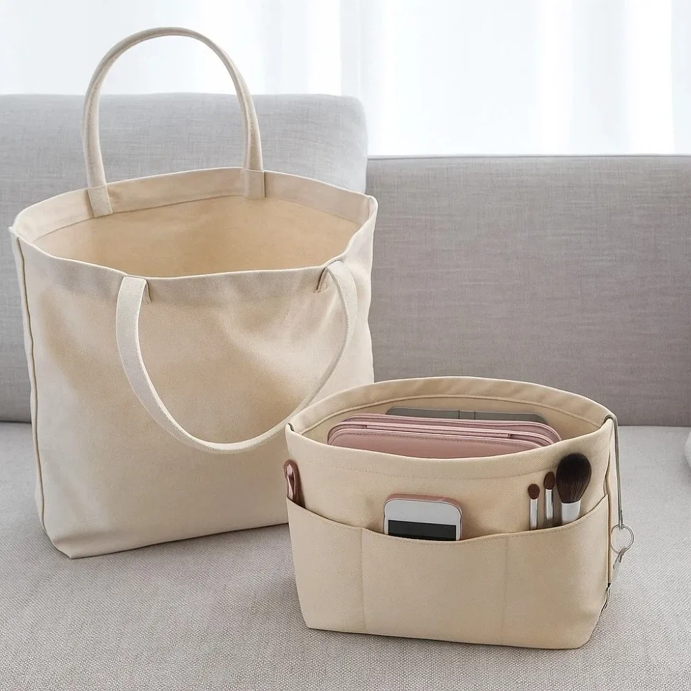 Elegant Cosmetic Organizer Insert Bag with Zipper Storage Bags Multi-Pocket Handbag Multifunctional Solid Color Inner Bag Women