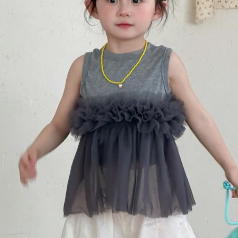

Summer new Korean version baby girls' mesh spliced knitted vest top, children's fashionable soft yarn vest