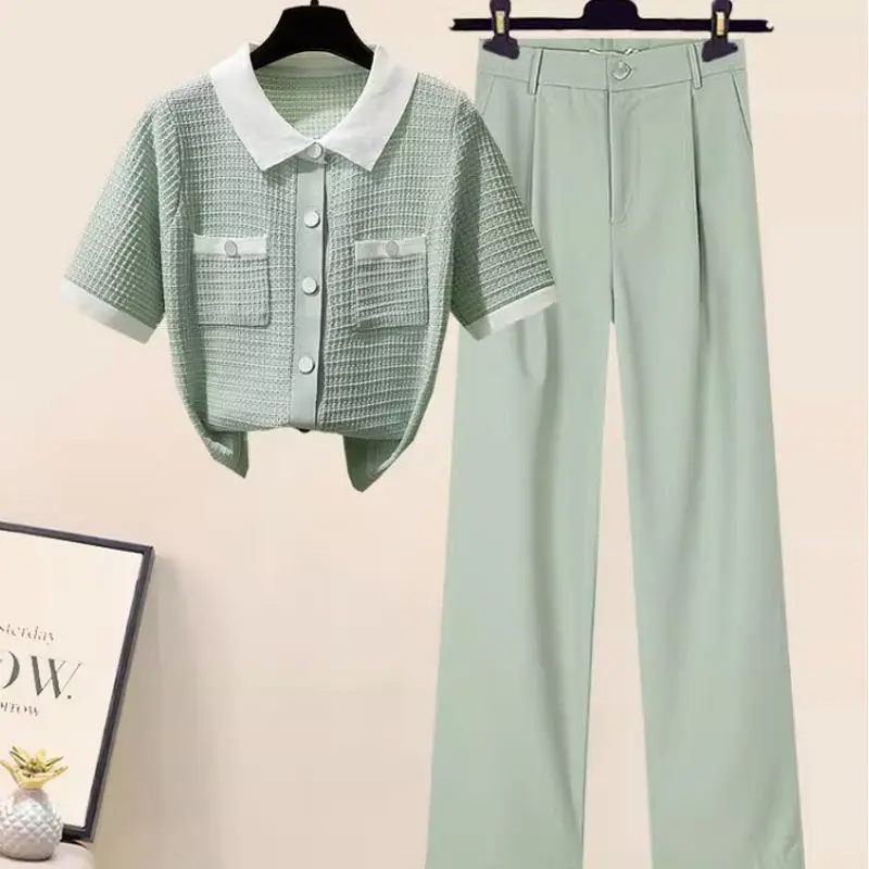 Summer Outfits Mingyuan Xiaoxiangfeng POLO Collar Short Sleeved Top T-shirt Fashion Elegant Suit Pants 2-Piece Suit For Women Fo