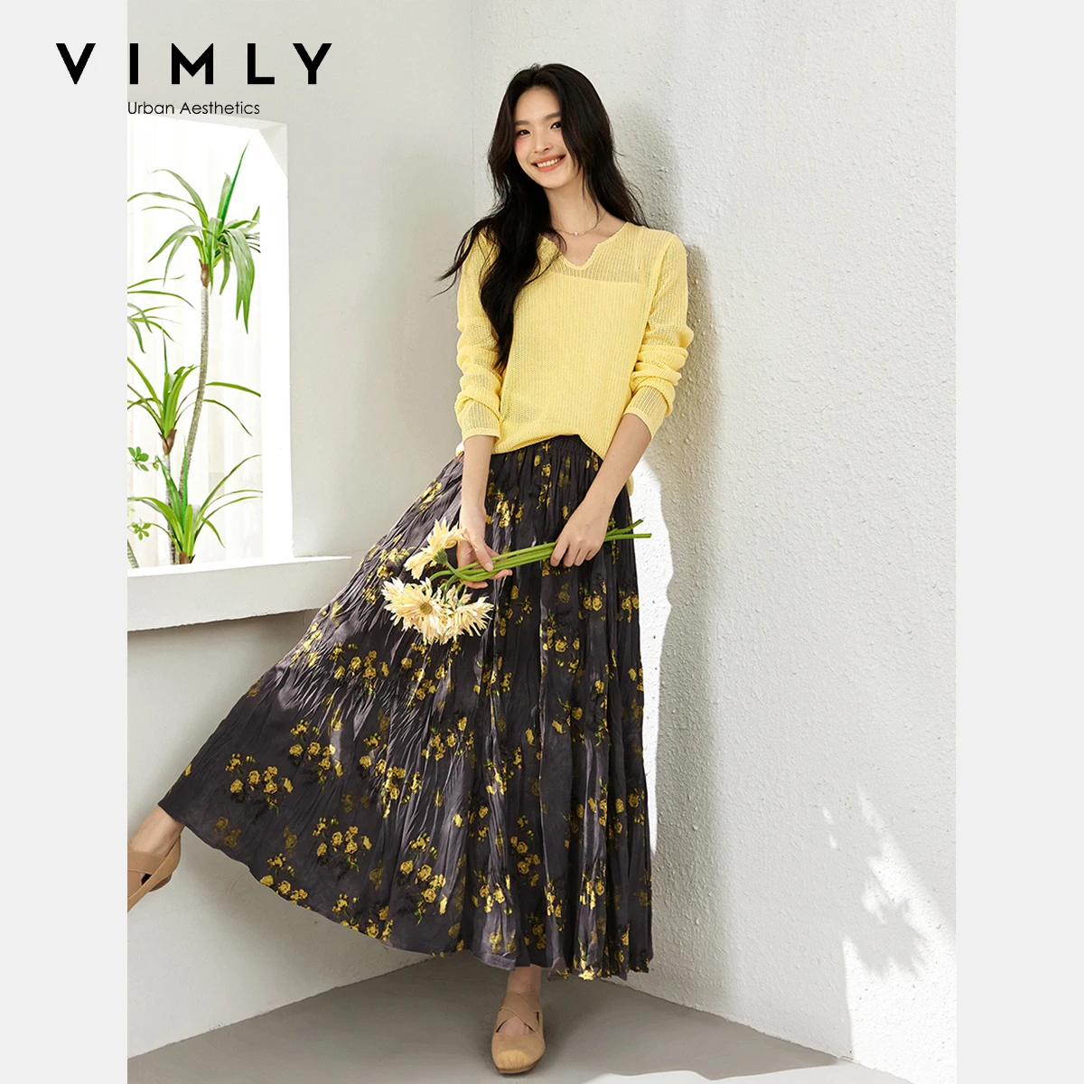 

VIMLY, отпускная одежда, женский костюм, осень 2022, желтый, с длинными рукавами, ажурный топ, складки, юбки с цветочным принтом, комплект из двух предметов A2006