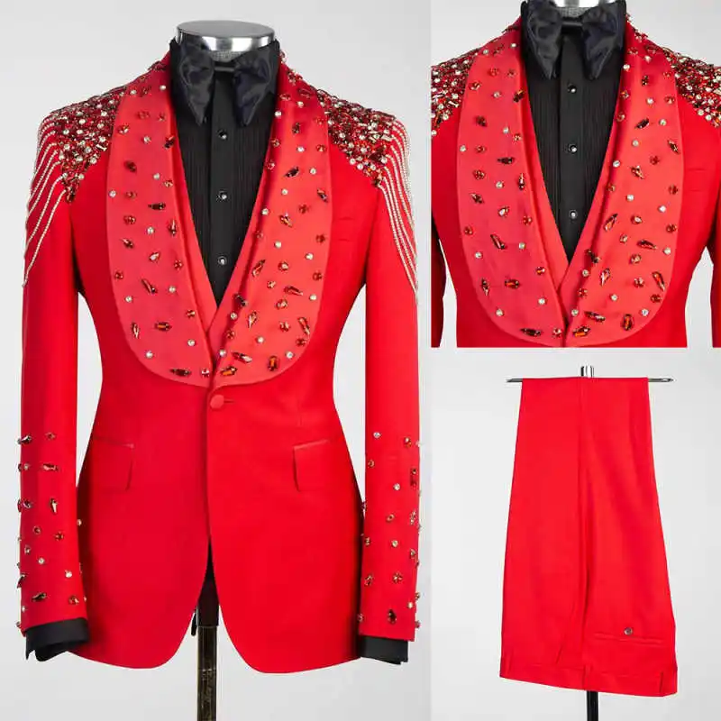 

Exquisite Man Slim Suits 3 Pieces Blazer Pants Vest Single Breasted Rhinestone Beading Suits Formal Wedding Groom Party