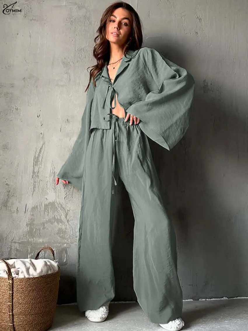 Oymimi أنيقة خضراء فضفاضة 2 قطعة مجموعات امرأة الزي موضة كم طويل الدانتيل متابعة القمصان والرباط مستقيم بنطلون مجموعات