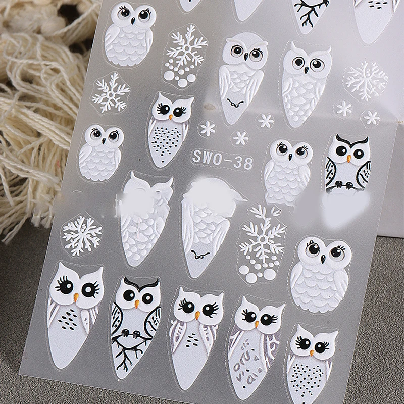 5d Reliëf Kerst Uil Nagel Sticker Stickers Zelfklevende Sliders Winter Manicure Decoratie