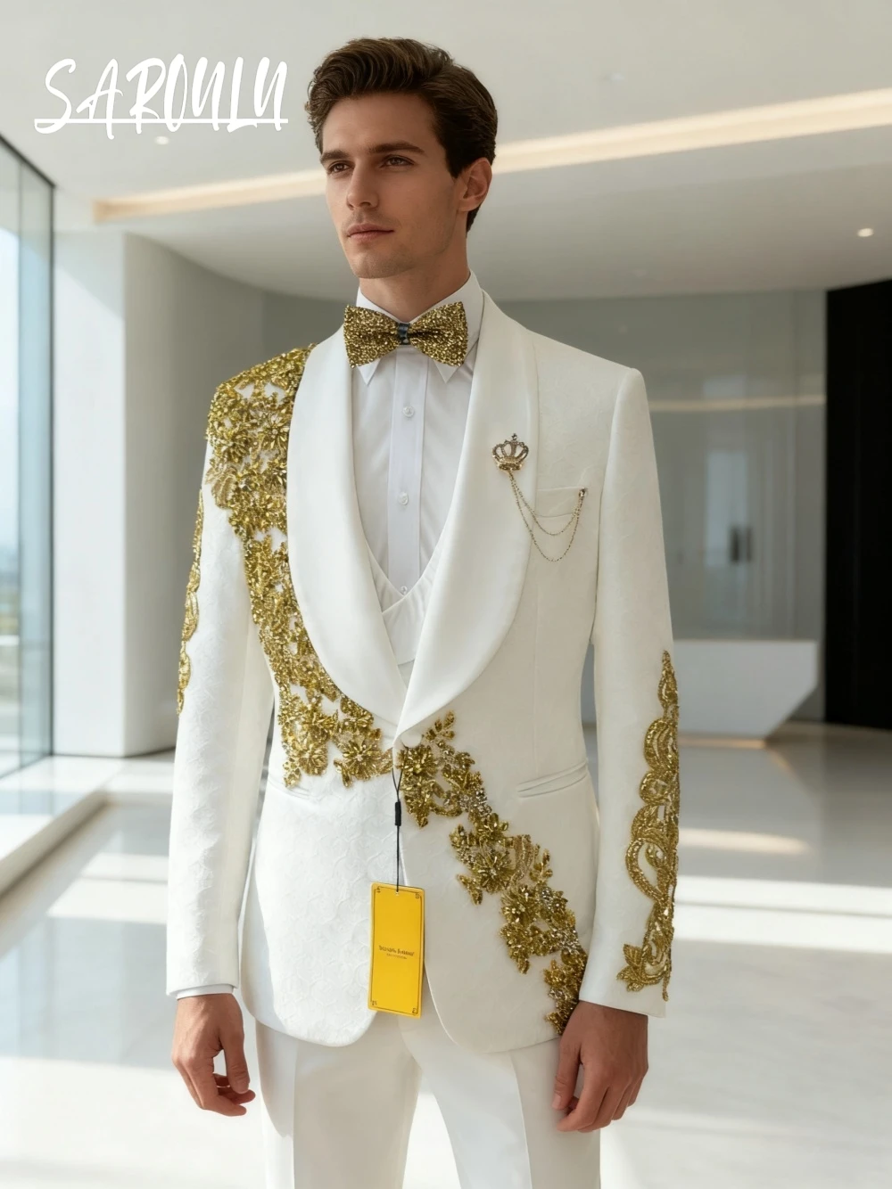 

Textured White Fully Jacquard Groom Wear Decent Golden Lace 3-pieces Men's Suit Set Formal Banquet Tuxedo Slim Gentleman Outfit