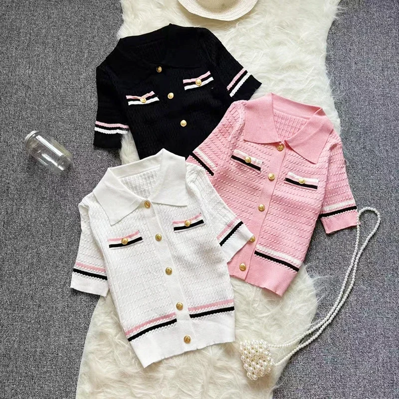 Women'S Casual Summer Knit Cardigan with Color Block Design Short Sleeve Polo Neck Morning Routine Top Ladies Cardigan