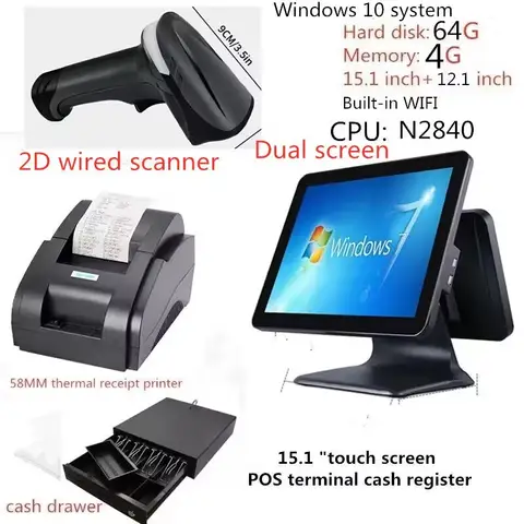 A Complete Set of Cash Register Equipment Thermal Printer Scanner Cash Drawer Touch Cash Register 15.1 Inch Built-in WIFI