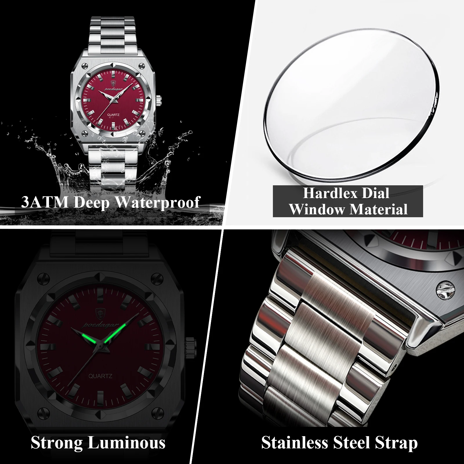 POEDAGAR ساعة يد نسائية كاجوال فاخرة مقاومة للماء من الفولاذ المقاوم للصدأ ساعة نسائية مضيئة أنيقة ساعات كوارتز نسائية