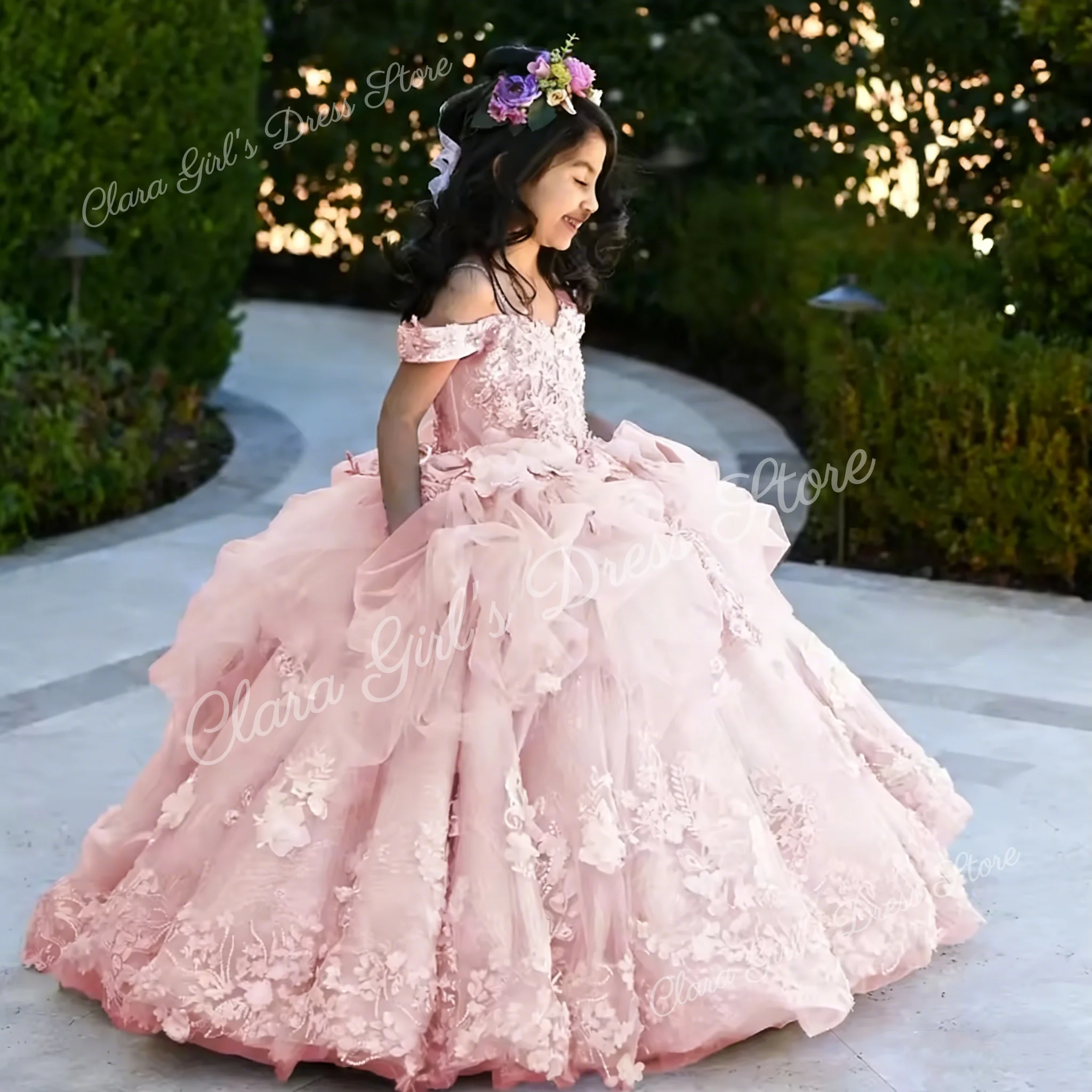 Vestidos de flores de lavanda para niña, para boda, apliques de encaje Floral 3D, fiesta de cumpleaños para niños, vestidos de primera comunión