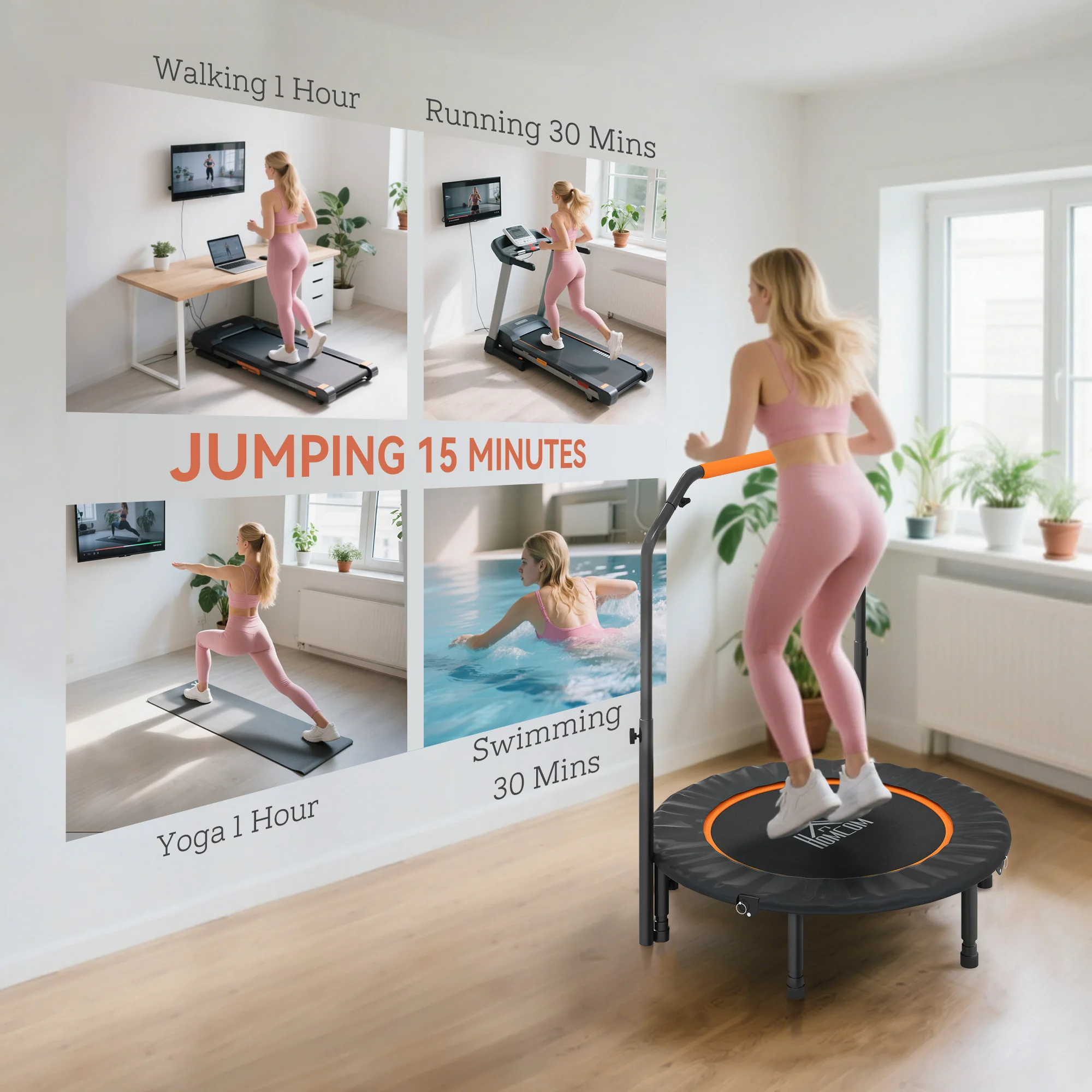 HOMCOM 40" Foldable Mini Fitness Trampoline w/ Foam Handle, Orange