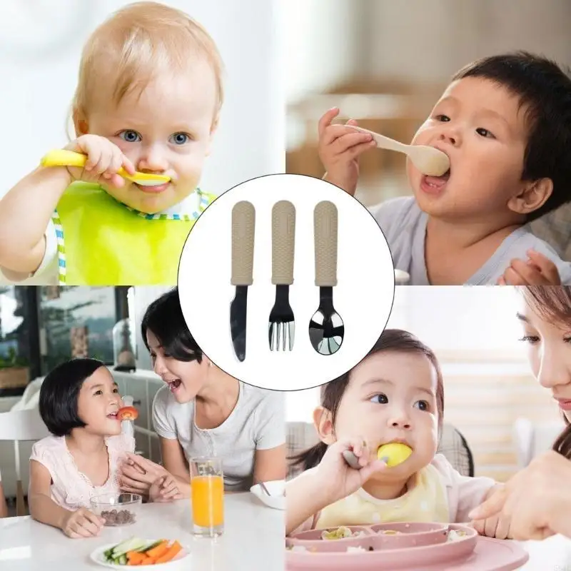 

581F Ergonomic Baby Spoon & Fork set Stainless Steel Feeding Set with Silicone Handles Baby Feeding Set for Boy Girls
