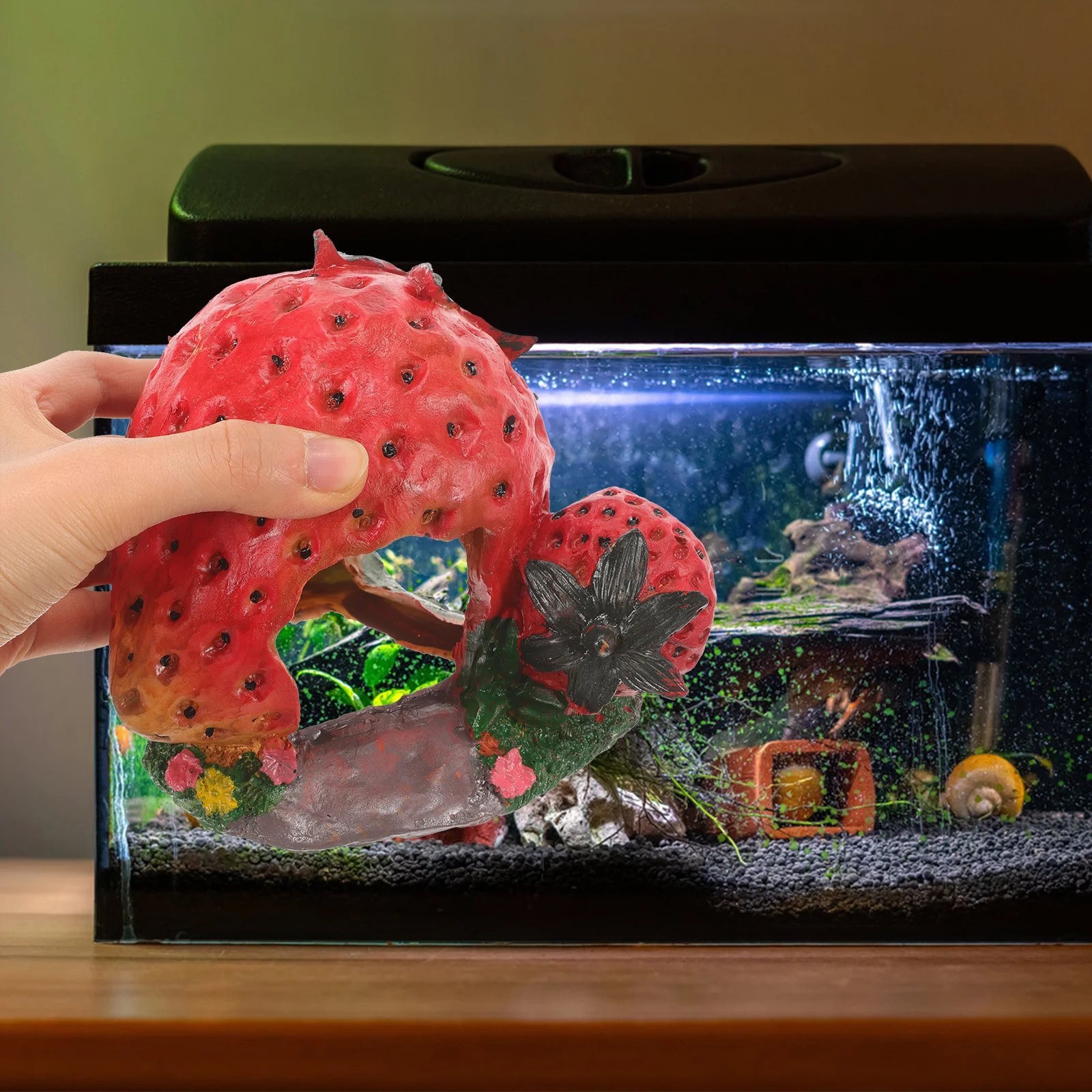 Creative Hiding Place Strawberry Reptile Cave Resin Turtle Basking Platform Suitable Various Pets Safe Comfortable