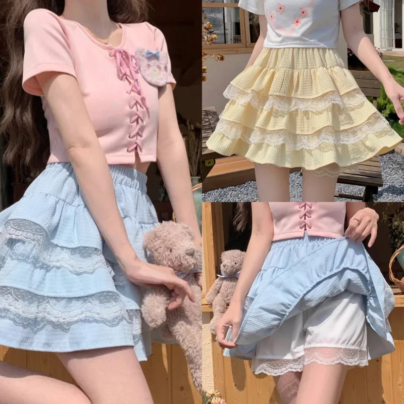 Lace Y2K Cake Dresses Girl Summer Edge Patchwork Ruffle Cotton Linen Half Skirt High Waist Pleated Skirt A-line Fluffy Skirt New