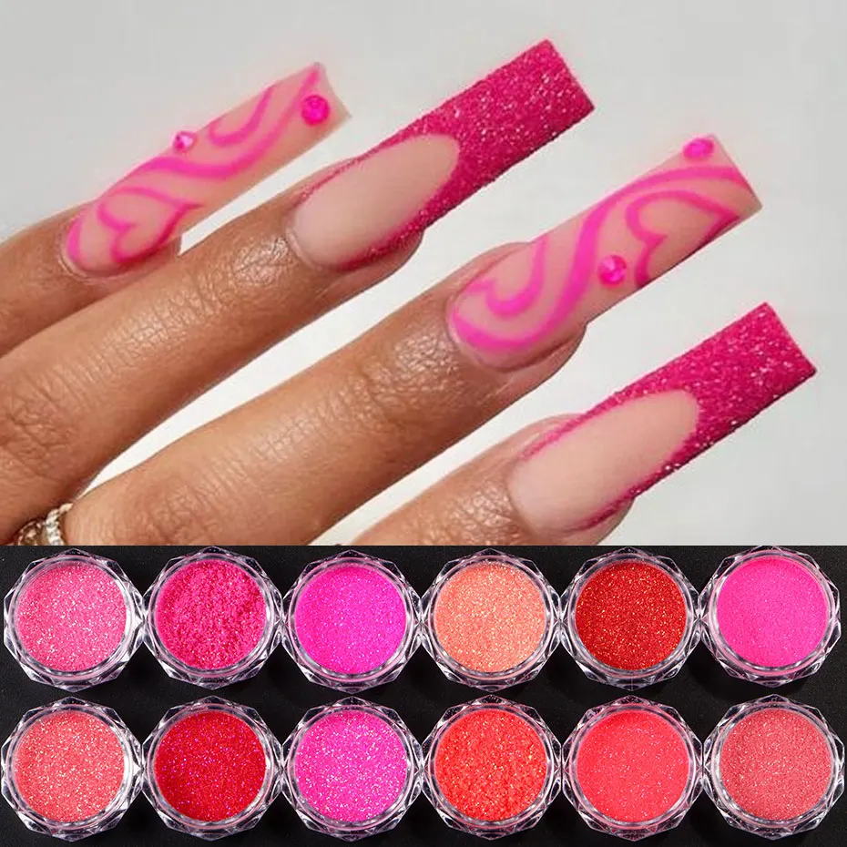 12 Boxen Red Candy Glitter Nagelstaub-Set Sparkle Holo Sweet Light/Dunkelrosa Nagelpulver Glänzendes Zucker-Nagelpigmentzubehör