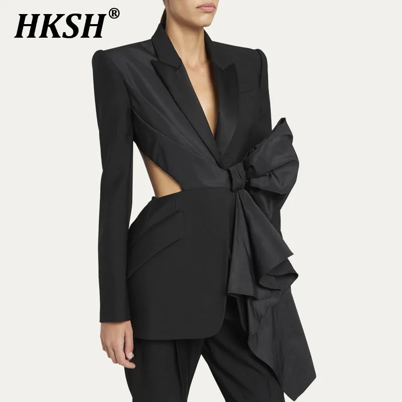 HKSH Spring Summer New Women Ins Trendy Elegant Bowknot Asymmetry Blazer Casual Expose Waist Slimming Versatile Suit Coat HK6243