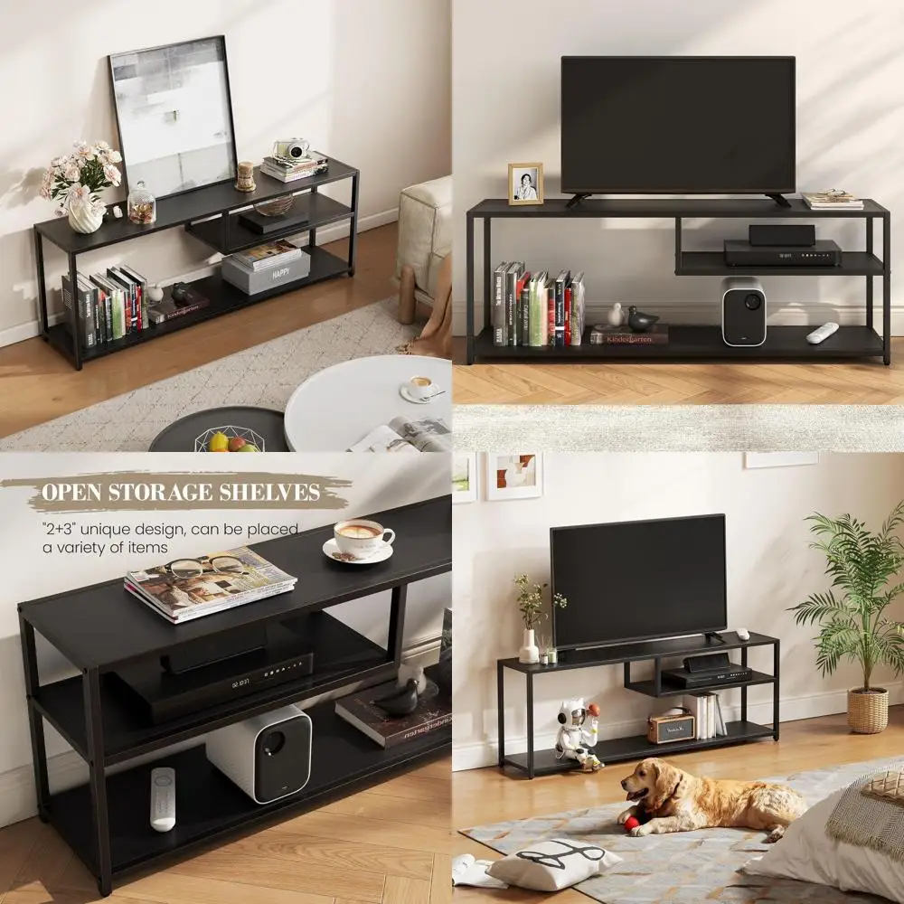 

65, подставка для телевизора с полками для хранения, развлекательный центр с металлическим каркасом, черный консольный столик для гостиной или спальни