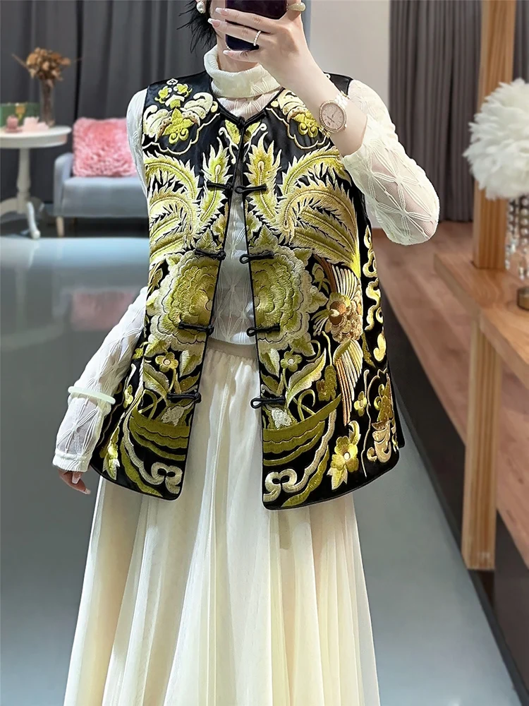 2023 Vintage Peony + Phoenix Embroidery Handmade Plate Buckle Vest Early Autumn Fashion O-Neck Acetate Lady Top S-XXL