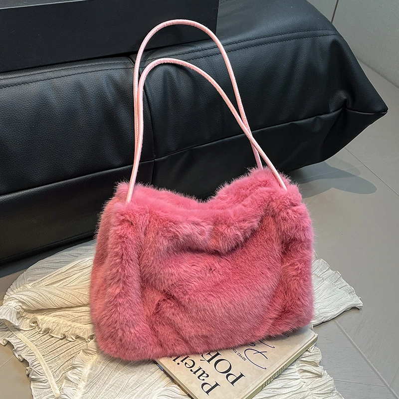 

﻿ Модные женские плюшевые сумки, роскошные сумки на плечо из искусственного меха, женская мягкая плюшевая сумка-тоут, большая вместительная сумка-шоппер, зимние Bolsos
