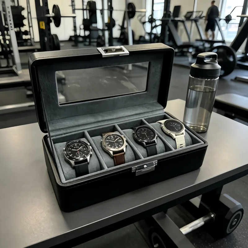 Portable Travel 4 Slot Leather Watch Box Lockable Watch Display Case with 2PCS Jewelry Box for Men Watch Collection Home Use