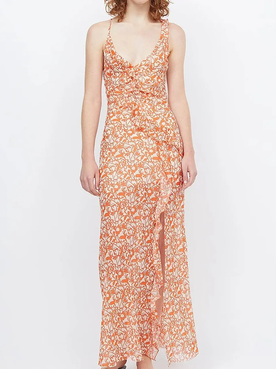 

2025 New Women High Split Maxi Dress Floral Print Ruffles Spliced V-Neck Sleeveless Slim Female 100% Silk Robe