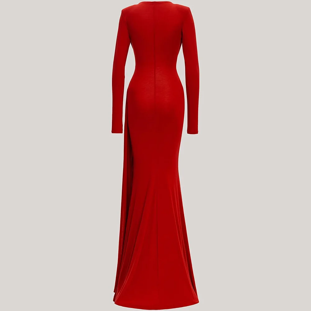 Customized Formal Mermaid Crew neck Evening Dress Red Jersey Floor Length Zipper Back Long Sleeves Sweep Train  فساتين سهره نسائ