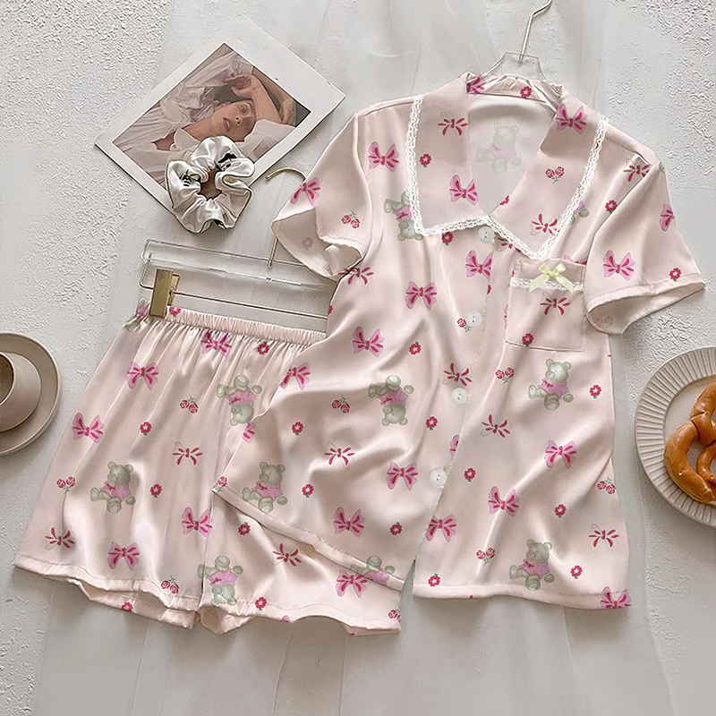 

Розовый пижамный комплект Y2K с медведем и галстуком-бабочкой и цветочным принтом, летний новый крутой короткий тонкий комплект для сна 2025 года, женская милая милая женская пижама, повседневная