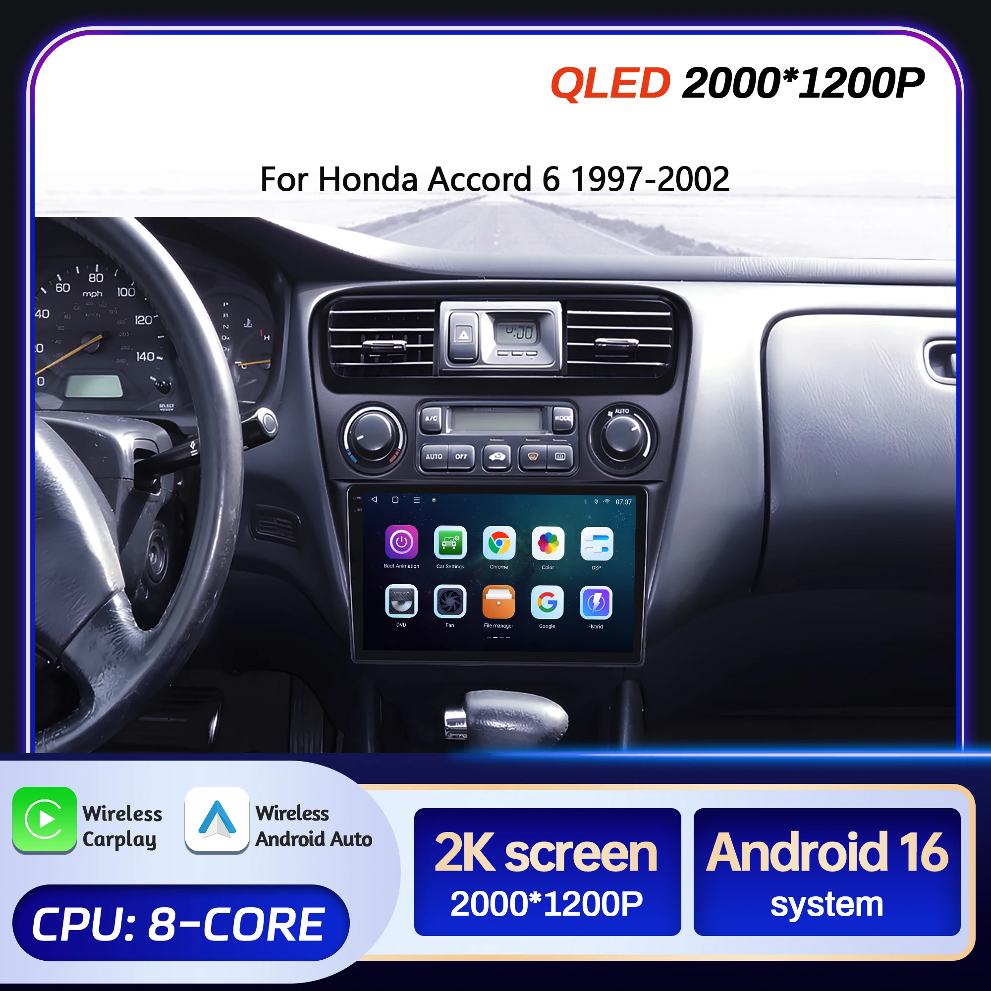 9“ Car Radio For Honda Accord 6 1997-2002 BT Carplay Android 16 Multimedia Navigation Head Unit 2K QLED Screen