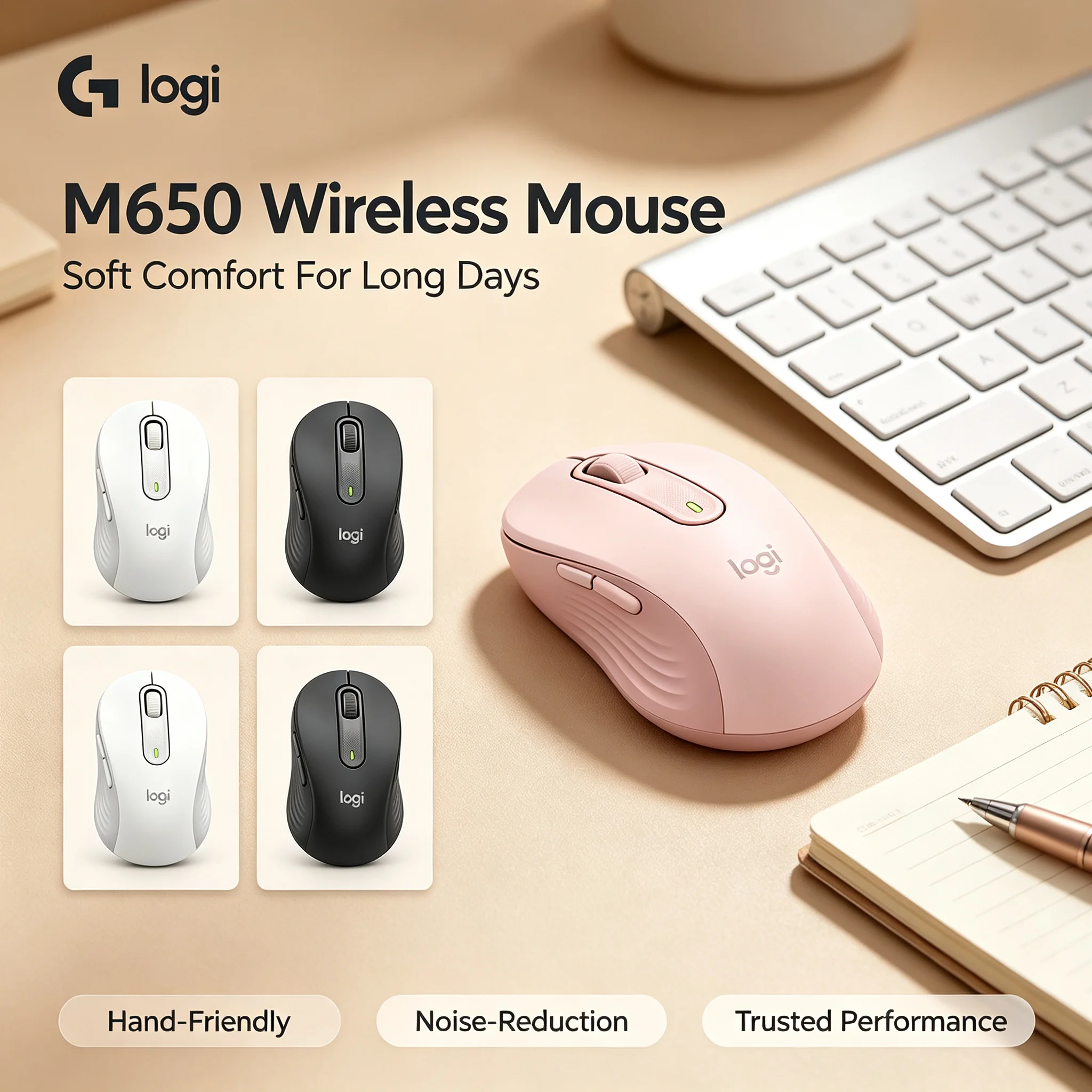 Logitech M650 Wireless Bluetooth Mouse Comfortable Palm‑Fit Design Quiet Click For Office Work