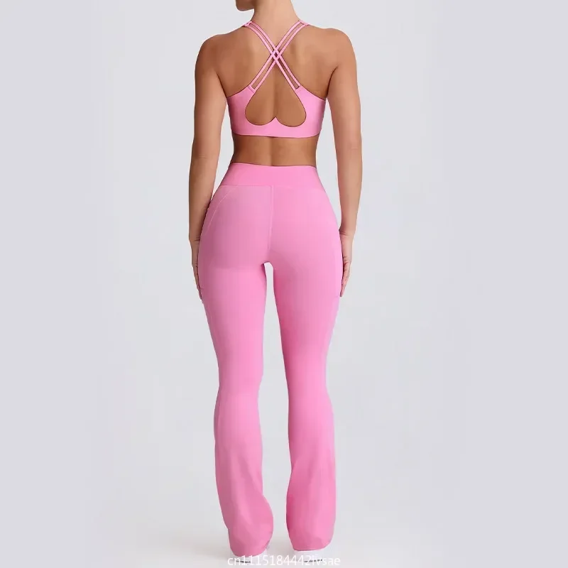Women 2Pcs Yoga Set Naked‑Feeling Quick‑Dry Strappy Sports Bra & Seamless Leggings Outdoor Gym Running Fitness Active Outfit